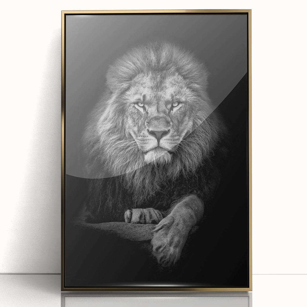 Framed acrylic wall art featuring a majestic lion design in gold tones, showcasing intricate details and a modern aesthetic, perfect for wildlife enthusiasts.