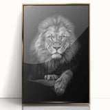 Framed acrylic wall art featuring a majestic lion design in gold tones, showcasing intricate details and a modern aesthetic, perfect for wildlife enthusiasts.
