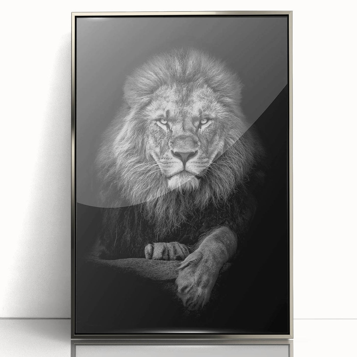 Framed wall art featuring a striking silver-accented lion design, showcasing intricate details and vibrant colors, perfect for animal lovers and modern decor.