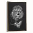 Framed canvas wall art showcasing a majestic lion design with gold accents, perfect for wildlife enthusiasts and home decor, side view perspective.
