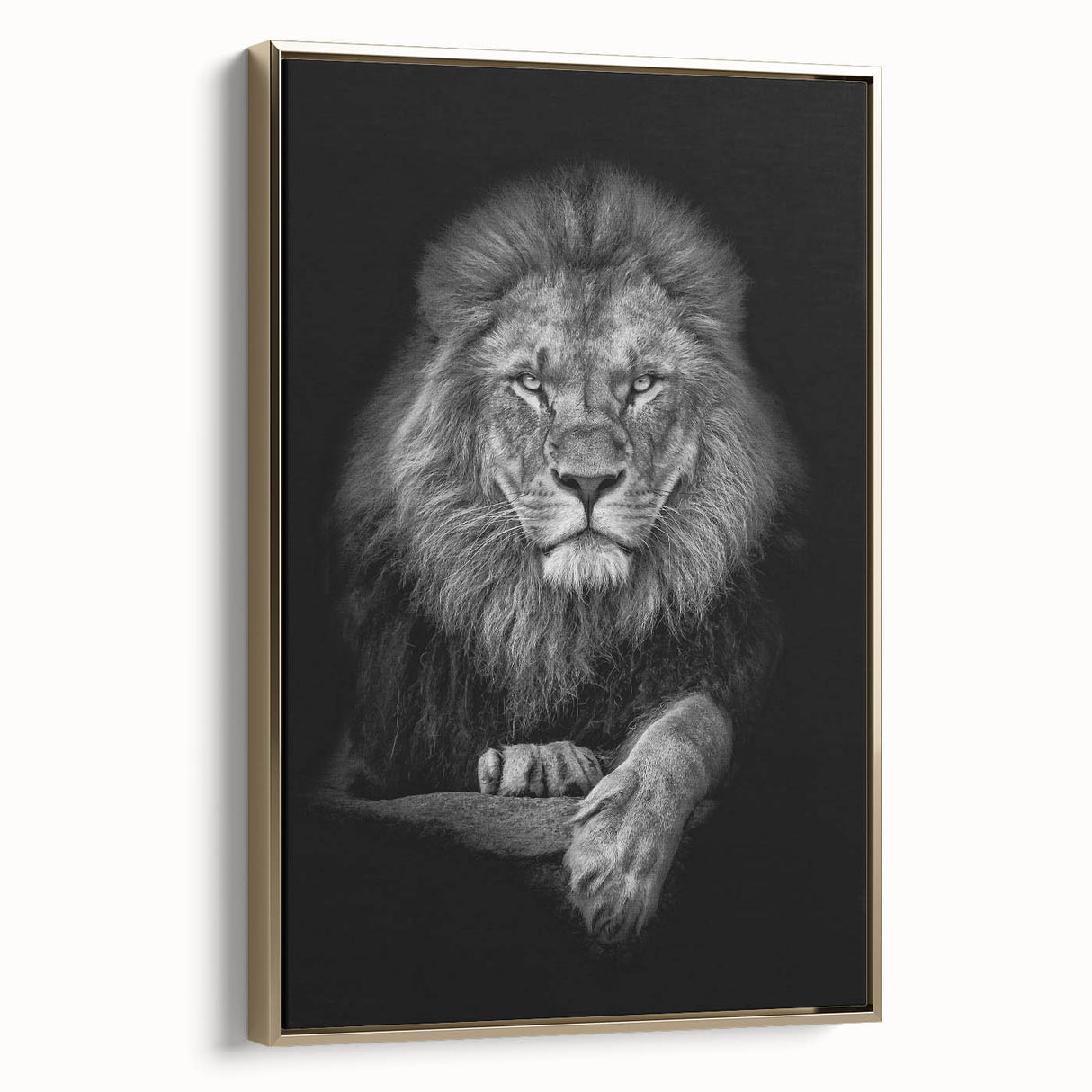 Framed canvas wall art showcasing a majestic lion design with gold accents, perfect for wildlife enthusiasts and home decor, side view perspective.