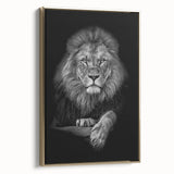 Framed canvas wall art showcasing a majestic lion design with gold accents, perfect for wildlife enthusiasts and home decor, side view perspective.