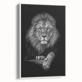 Framed canvas wall art featuring a majestic lion design, showcasing rich golden fur and piercing eyes, set against a minimalist white background, perfect for wildlife enthusiasts.