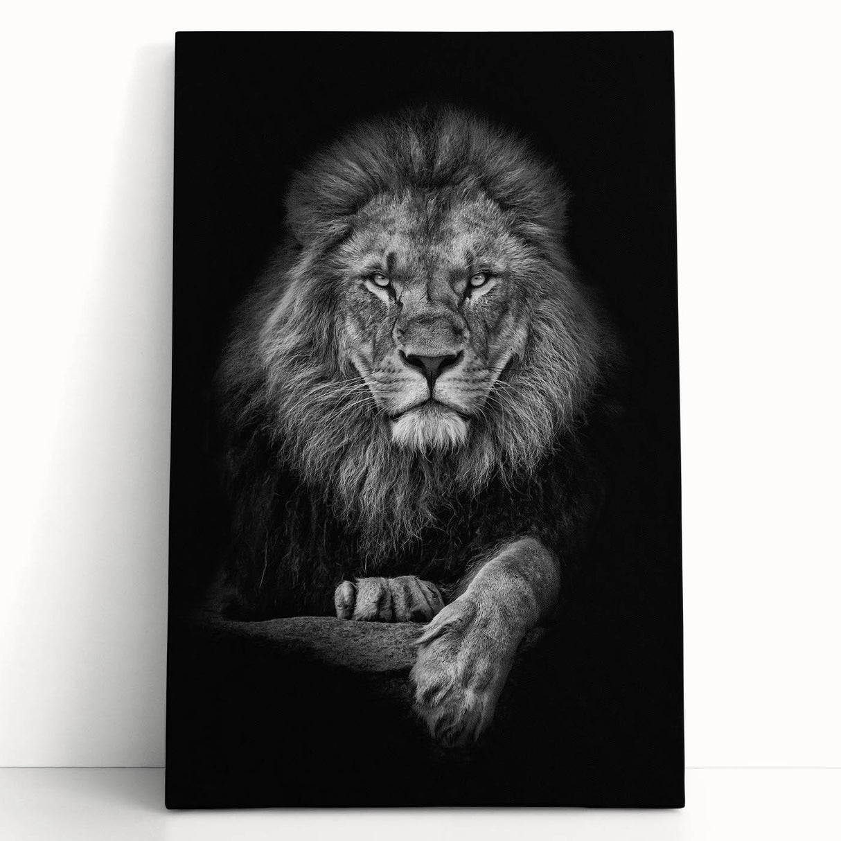 Stretched canvas wall art featuring a majestic lion design in vibrant colors, perfect for enhancing home decor with a touch of wildlife elegance.