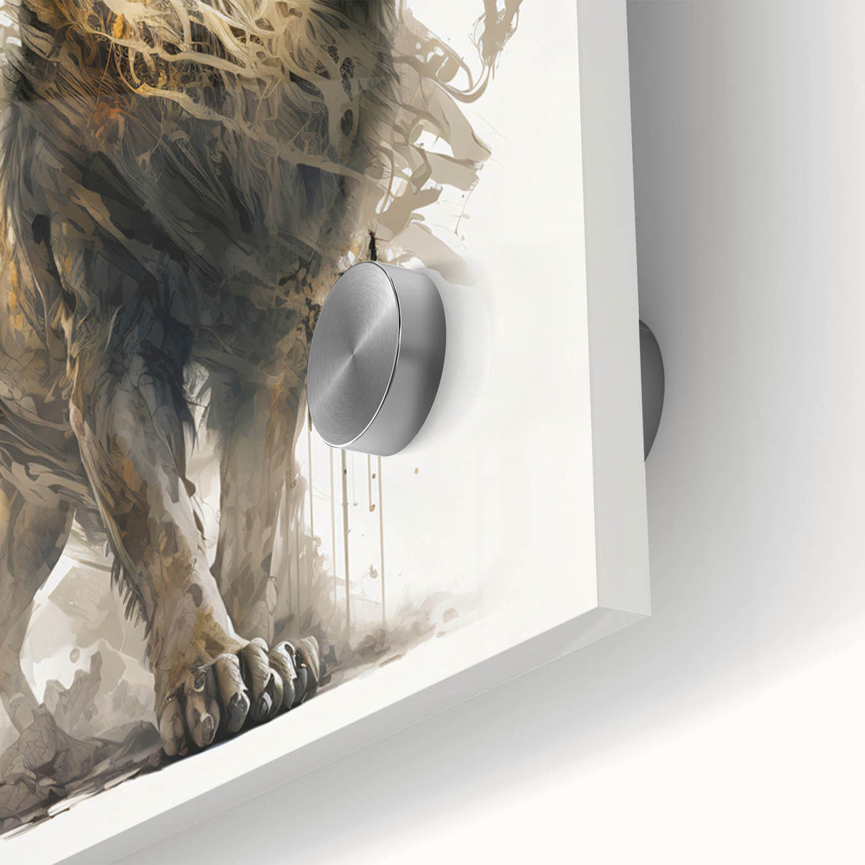 Close-up of a striking acrylic glass wall art piece featuring a majestic lion design, showcasing vibrant colors and intricate details, perfect for wildlife enthusiasts.