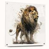 Acrylic glass wall art showcasing a vibrant lion design from the 'Wild Life' collection, displayed from the side with mounting pins, perfect for animal lovers.