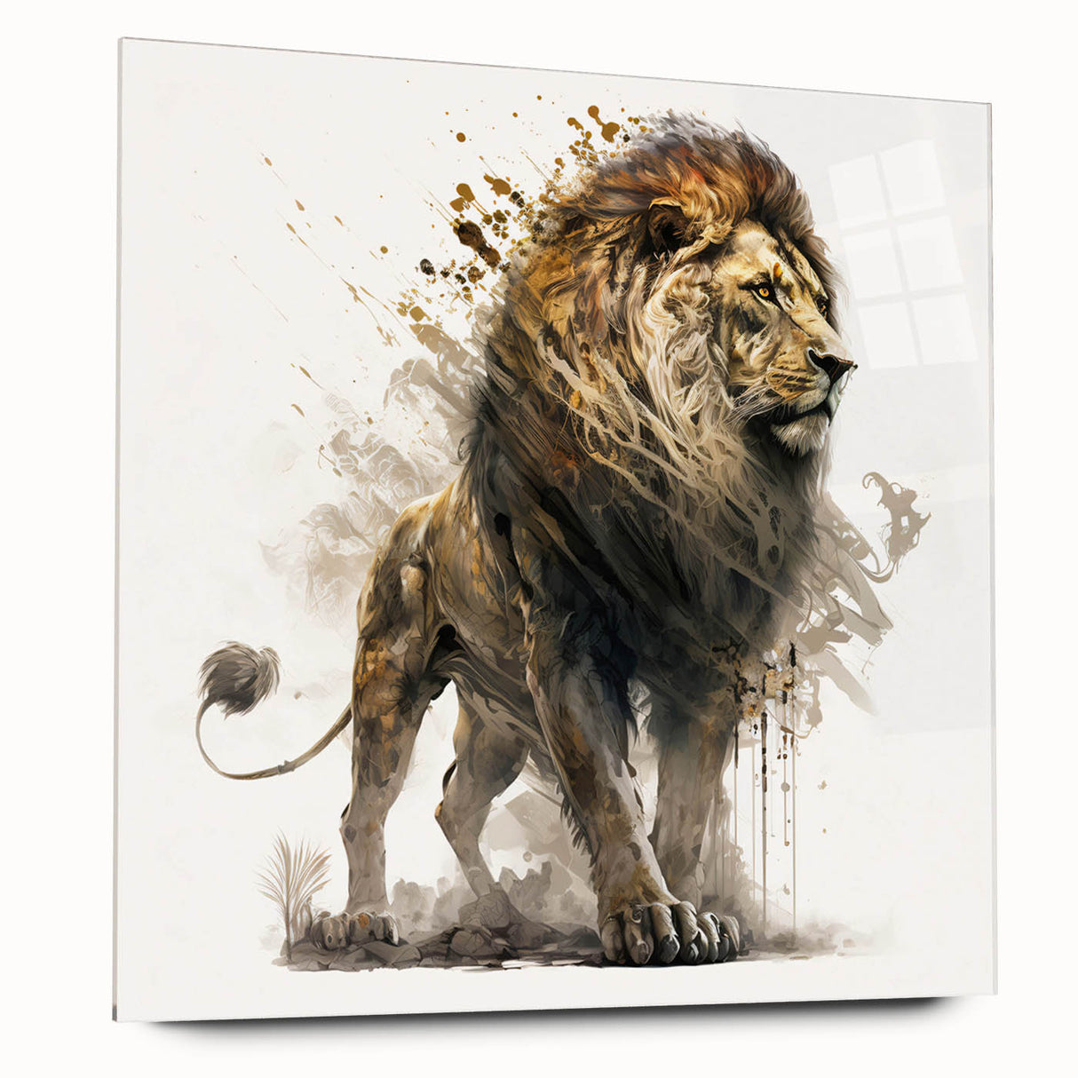 Acrylic glass wall art showcasing a side view of a majestic lion design in a vibrant, colorful style, perfect for enhancing modern home decor.