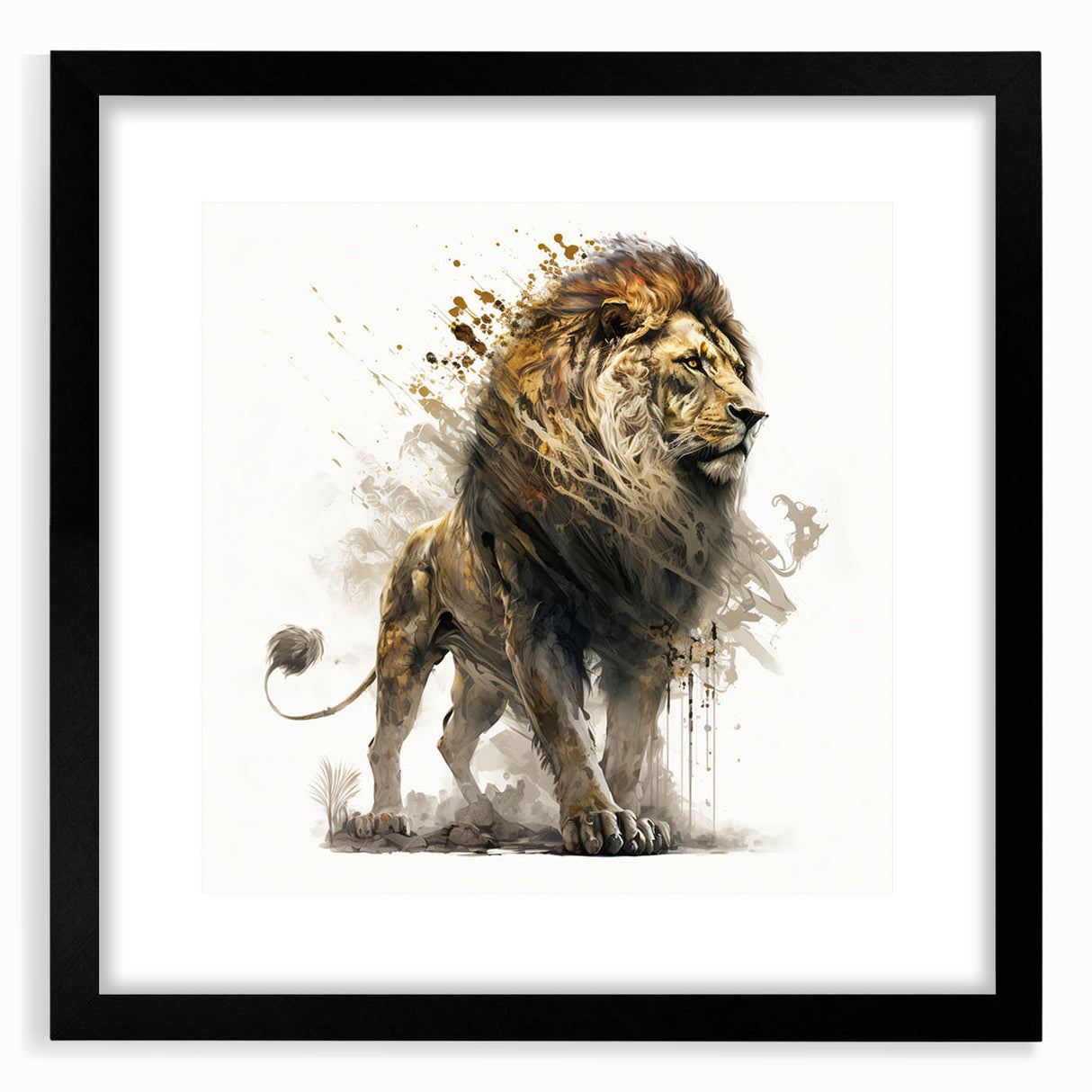 Framed wall art collection featuring a striking lion design, showcasing intricate details and a sleek black mat, perfect for wildlife enthusiasts and modern decor.