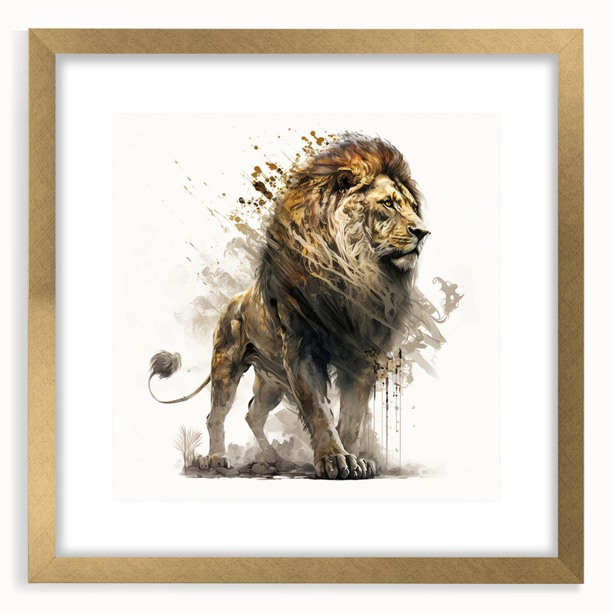Elegant wall art depicting a majestic lion design in rich gold frame, showcasing intricate details and a modern aesthetic, perfect for wildlife enthusiasts' decor.
