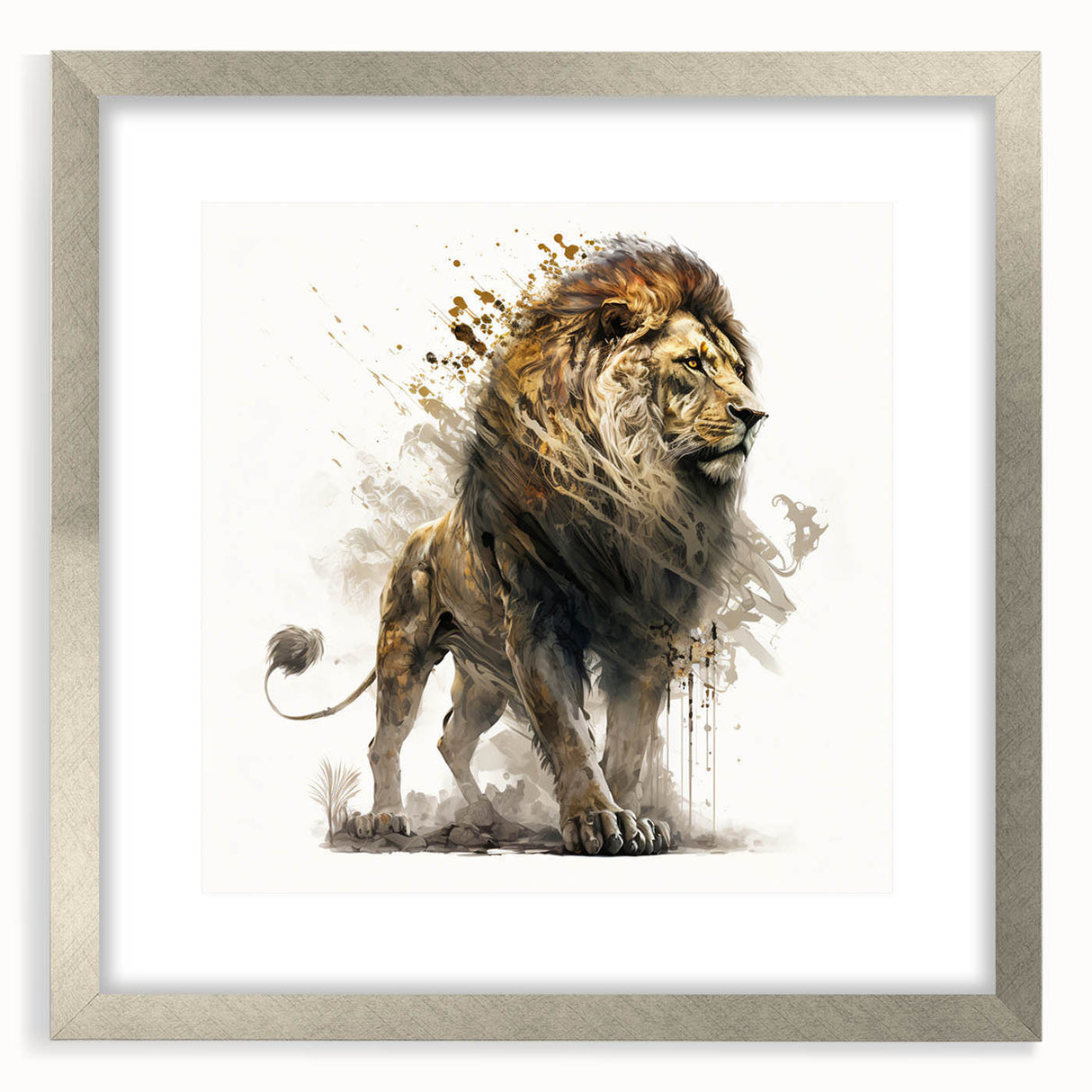 Framed wall art showcasing a majestic lion design in a silver frame, highlighting intricate details and vibrant colors, perfect for animal lovers and home decor enthusiasts.