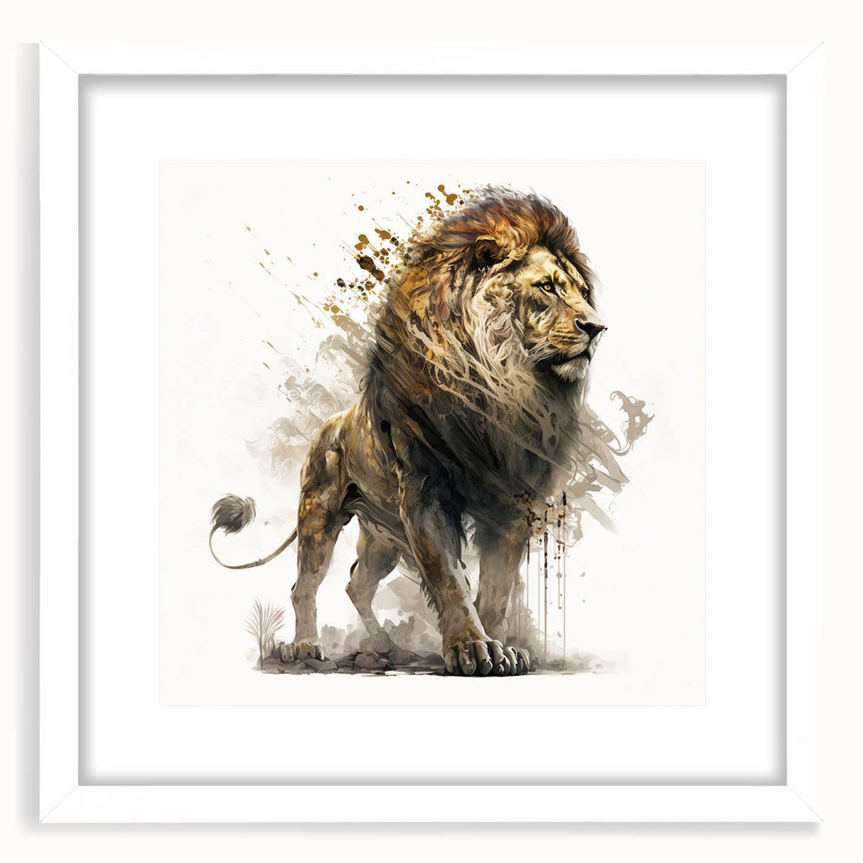 Lion-themed wall art collection framed with a white mat, showcasing a striking design of a majestic lion against a minimalist backdrop, ideal for wildlife enthusiasts.