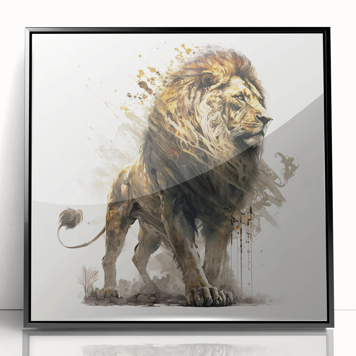 Framed acrylic wall art showcasing a majestic lion design, featuring a black border and a modern aesthetic, perfect for animal lovers and home decor enthusiasts.