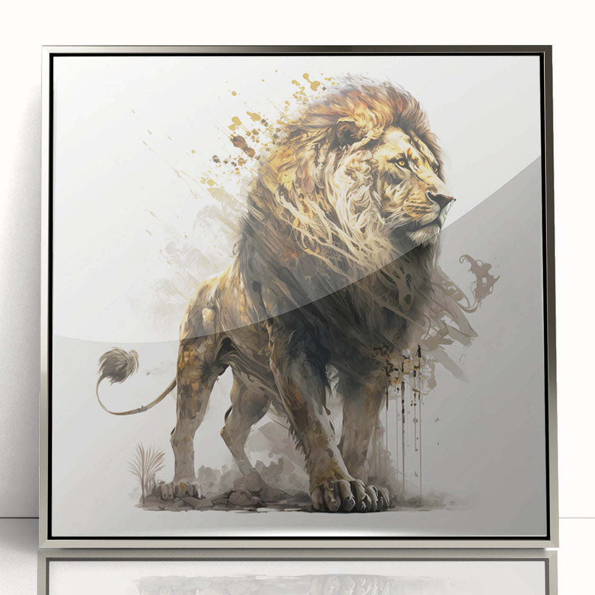 Framed acrylic wall art featuring a striking lion design, showcasing vivid colors and intricate details, perfect for enhancing home decor with a wild life theme.
