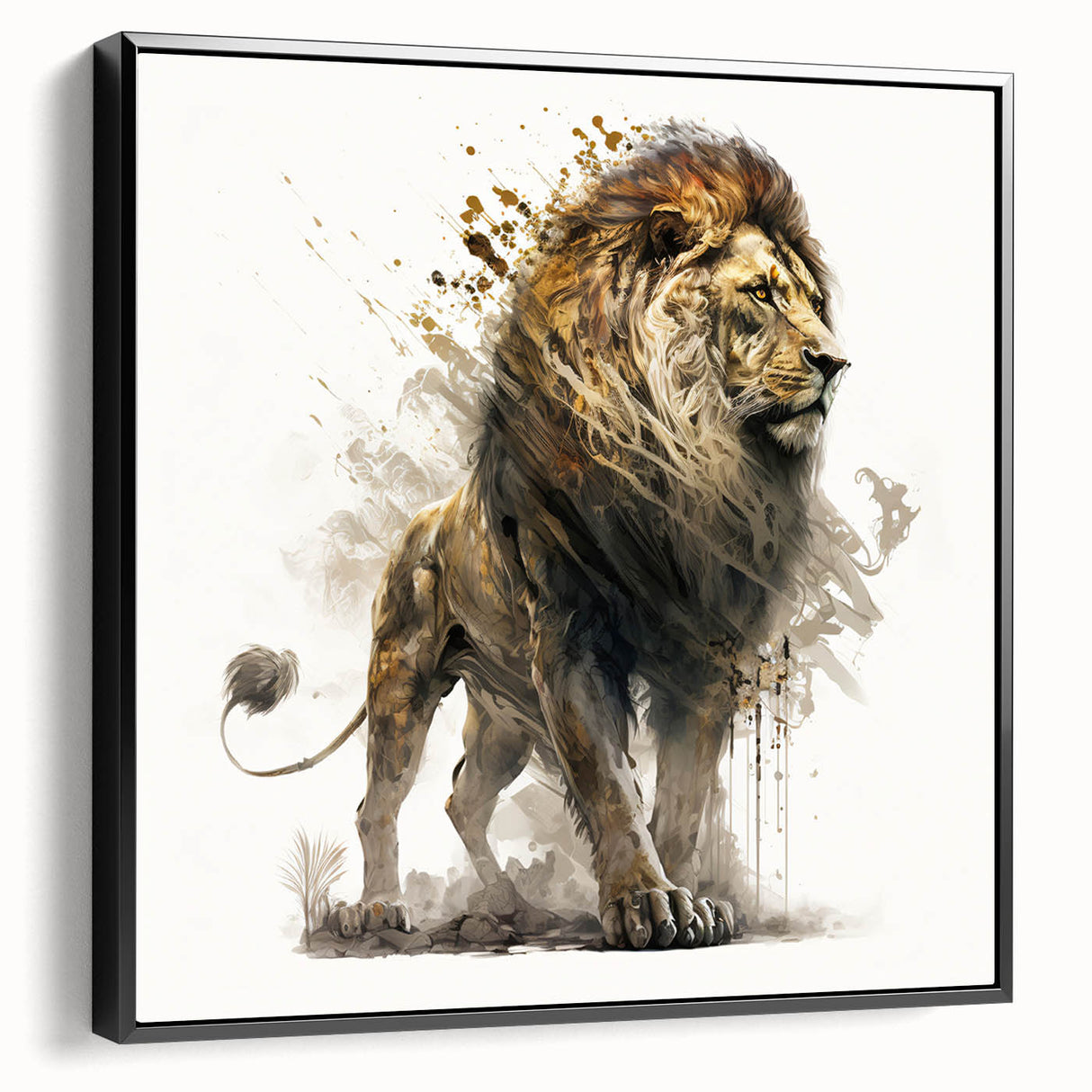 Framed canvas wall art featuring a majestic lion design in a black frame, showcasing vibrant colors and intricate details, perfect for wildlife enthusiasts.