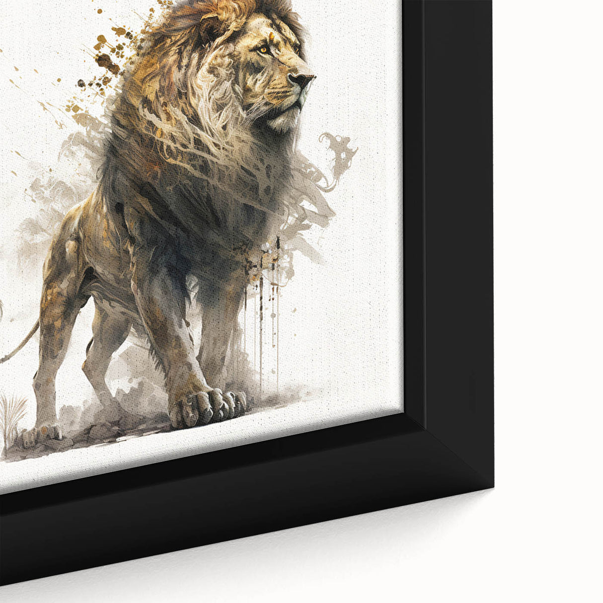 Close-up of a framed canvas wall art featuring a majestic lion design, showcasing intricate details and vibrant colors, perfect for wildlife enthusiasts and home decor.