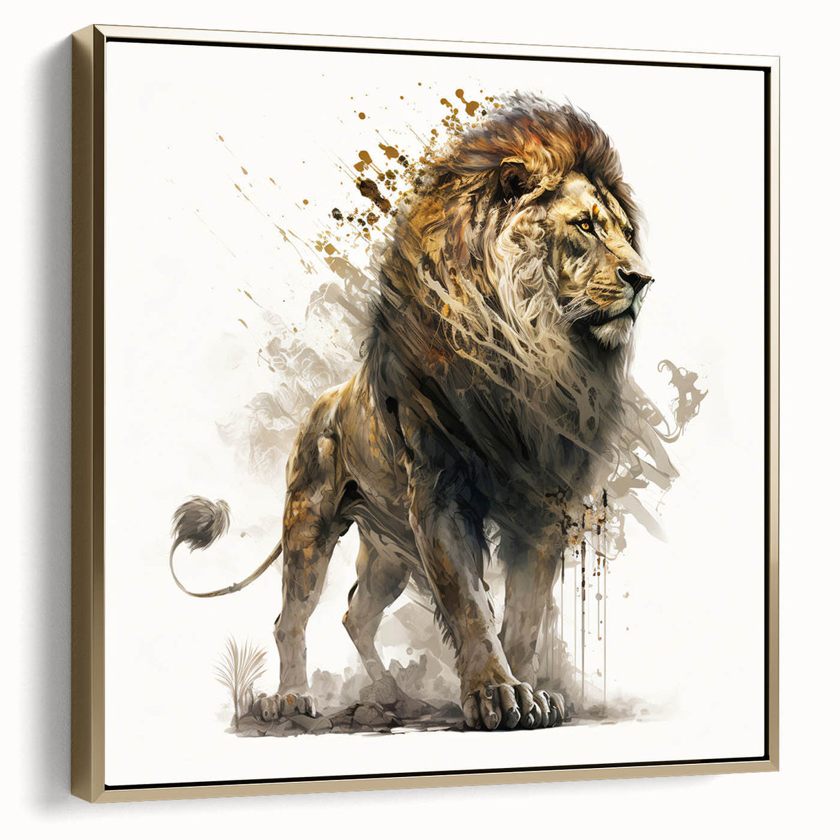 Framed canvas wall art featuring a stylish side view of a majestic lion design, accented with gold tones, ideal for animal lovers and home decor enthusiasts.