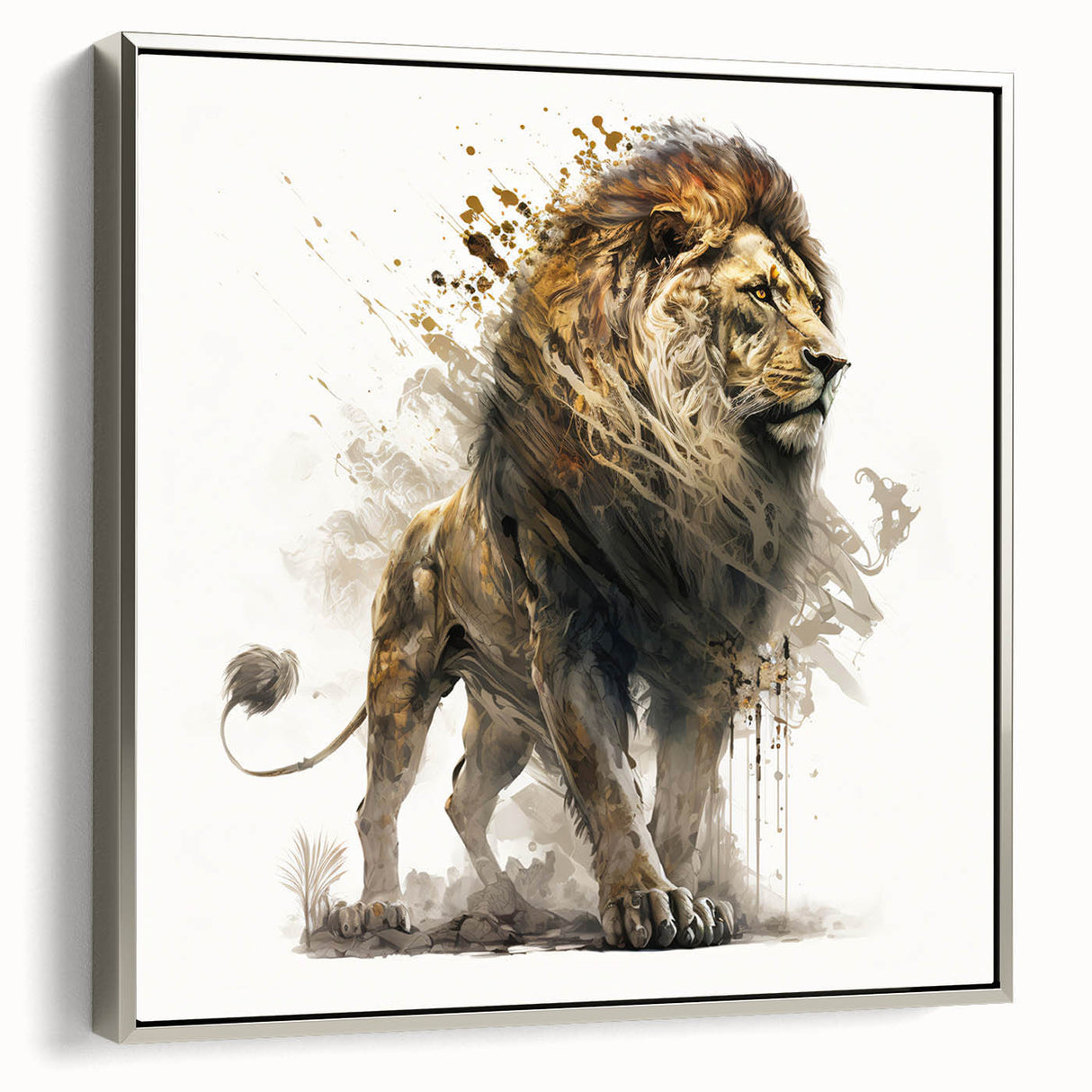 Framed wall art featuring a majestic silver lion design, showcasing intricate details and textures, ideal for adding a touch of wildlife elegance to home decor.