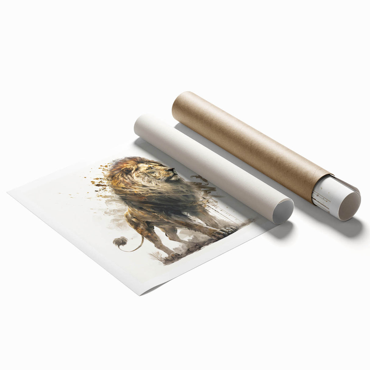 Vibrant rolled print showcasing a majestic lion design in an African wildlife theme, ideal for home decor or art collection, presented in a protective cardboard tube.