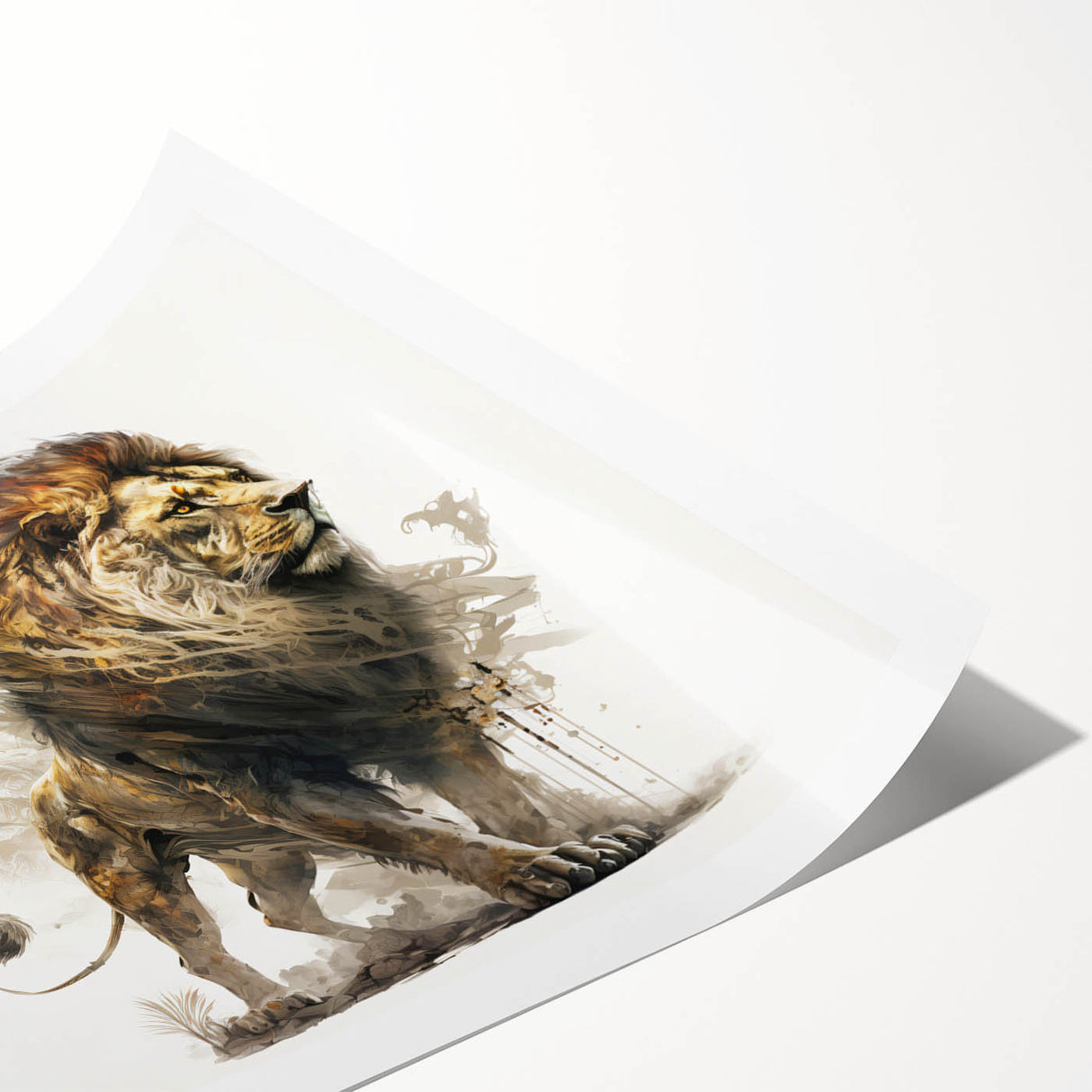 Vibrant rolled print showcasing a majestic lion in a wild African landscape, perfect for wildlife enthusiasts and home decor, presented in a protective tube.