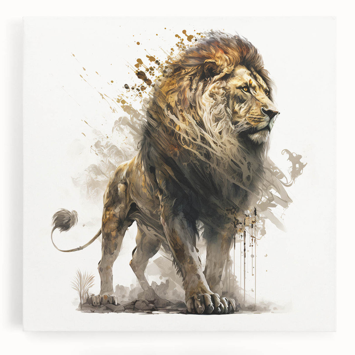 Majestic lion wall art design on stretched canvas, showcasing vibrant colors and intricate details, perfect for adding a touch of wildlife elegance to home decor.