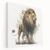 Stretched canvas wall art featuring a majestic lion in a wild setting, showcasing vibrant colors and intricate details, perfect for animal lovers and home decor.
