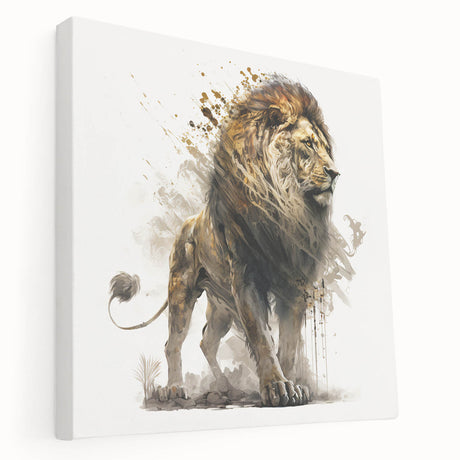 Stretched canvas wall art featuring a majestic lion in a wild setting, showcasing vibrant colors and intricate details, perfect for animal lovers and home decor.