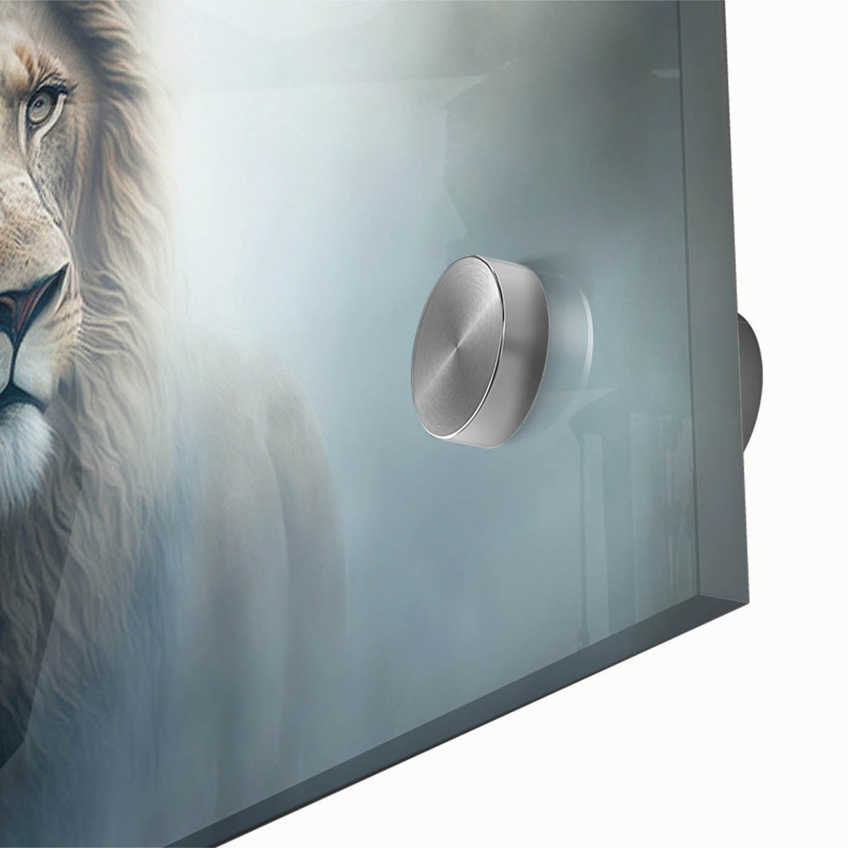 Close-up of a stunning lion wall art design, showcasing vibrant colors and intricate details, printed on acrylic glass for a modern decor touch. Ideal for animal lovers and wildlife enthusiasts.