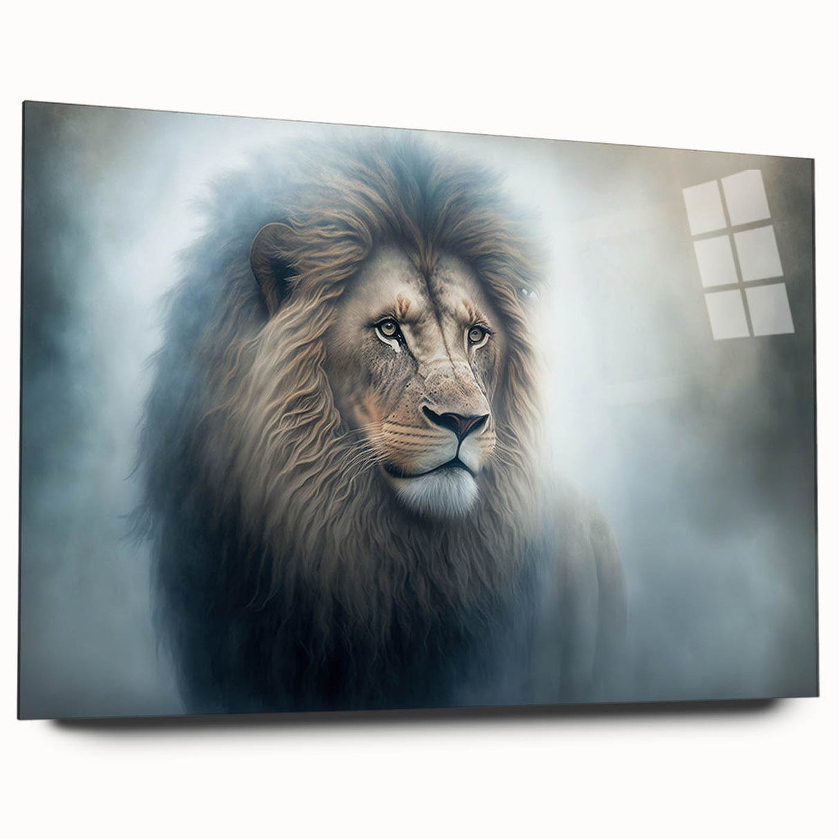 Side view of a lion-themed wall art piece made from acrylic glass, showcasing vibrant colors and intricate details, perfect for wildlife enthusiasts and home decor.