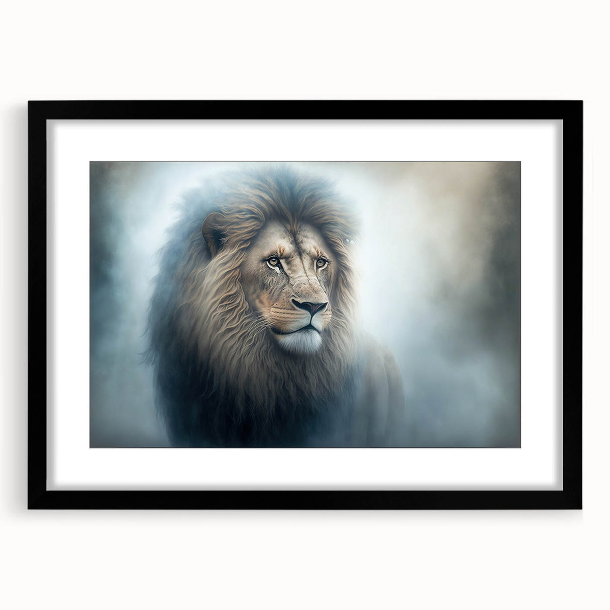Framed wall art featuring a majestic lion design, set against a black mat, showcasing intricate details and vibrant colors, perfect for wildlife enthusiasts.