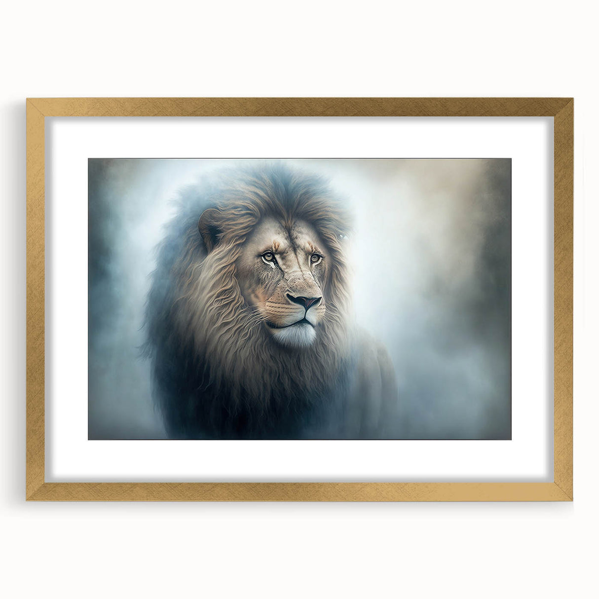 Lion wall art design featuring a majestic lion in a gold frame with a mat, ideal for wildlife enthusiasts and home decor, showcasing intricate details and vibrant colors.