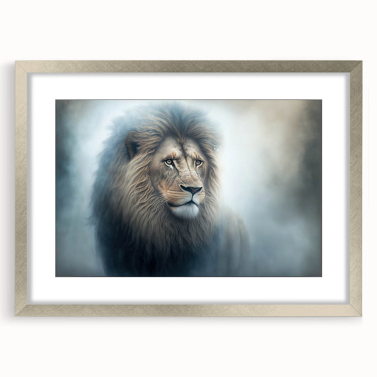 Framed wall art collection featuring a majestic lion design, elegantly displayed with a silver mat. This captivating piece adds a touch of wildlife-inspired decor to any space.