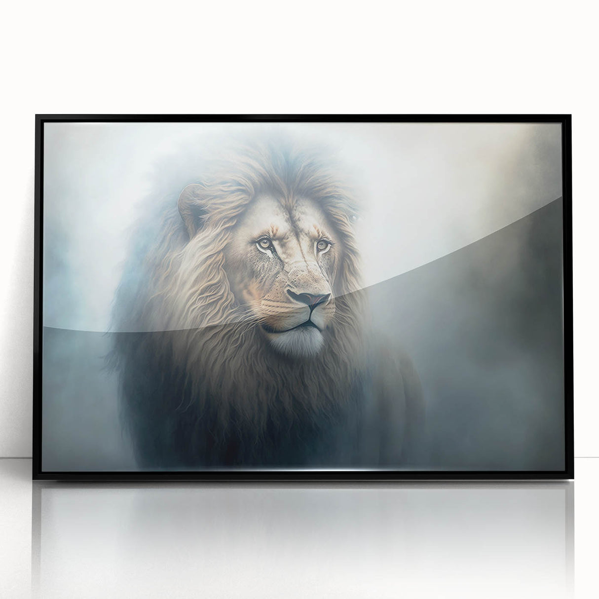 Framed wall art showcasing a striking lion design in black acrylic, perfect for wildlife enthusiasts. The artwork features intricate details and vibrant colors, enhancing any decor.