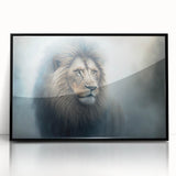 Framed wall art showcasing a striking lion design in black acrylic, perfect for wildlife enthusiasts. The artwork features intricate details and vibrant colors, enhancing any decor.