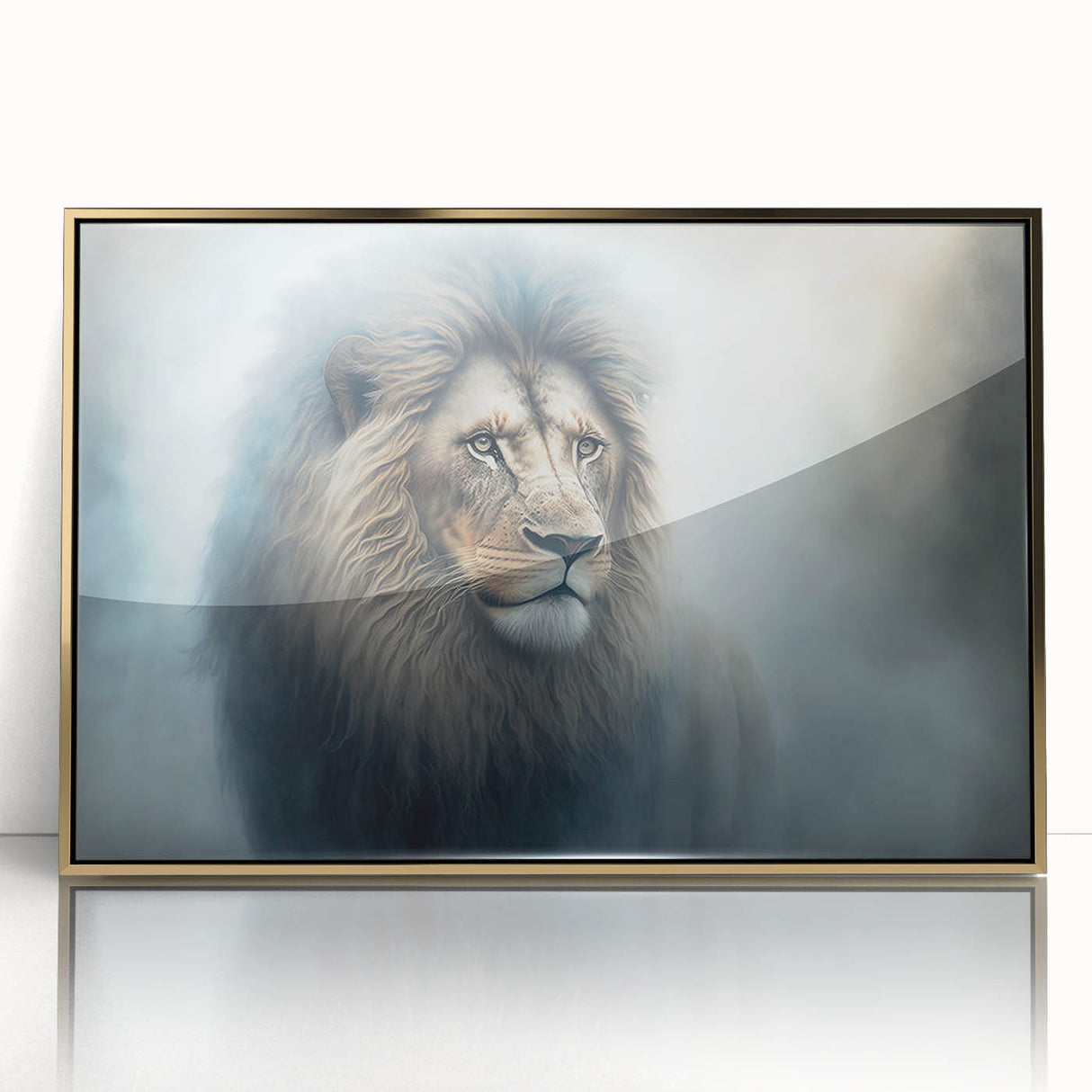 Framed wall art featuring a majestic lion design with a gold-accented acrylic front, ideal for wildlife enthusiasts and modern decor. Perfect for adding a touch of elegance to any room.