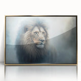 Framed wall art featuring a majestic lion design with a gold-accented acrylic front, ideal for wildlife enthusiasts and modern decor. Perfect for adding a touch of elegance to any room.