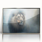 Framed wall art featuring a majestic lion design in vibrant colors, showcasing intricate details and a sleek silver frame, perfect for animal lovers and home decor.