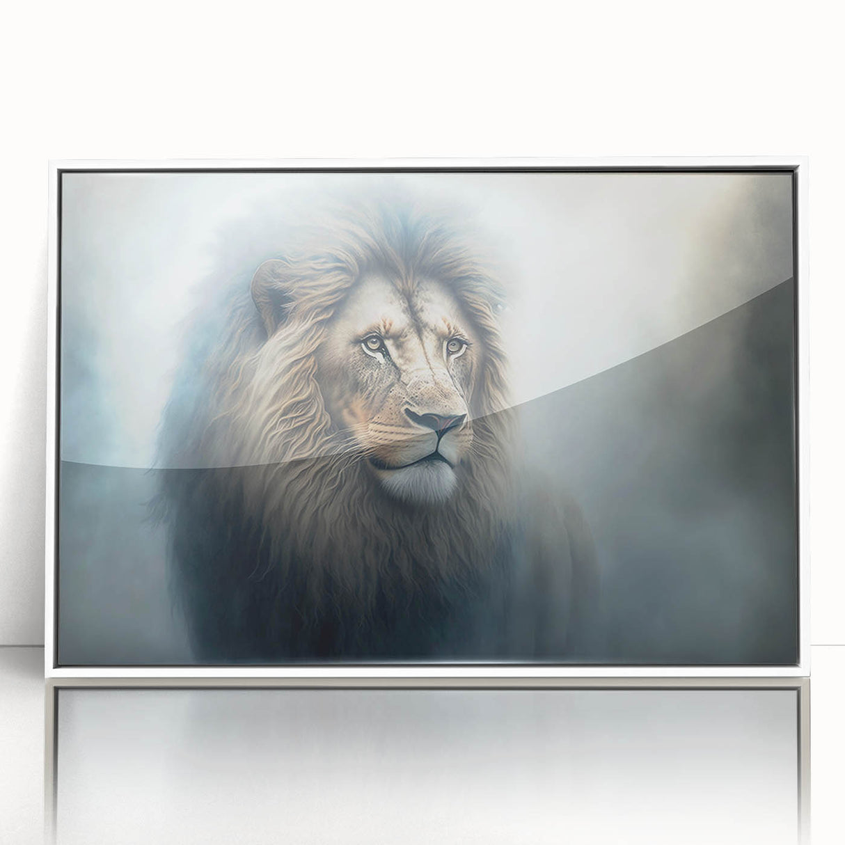 Framed acrylic wall art featuring a striking lion design from the "Animals - A Wild Life" collection, showcased in a sleek white frame, perfect for enhancing modern decor.