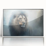 Framed acrylic wall art featuring a striking lion design from the "Animals - A Wild Life" collection, showcased in a sleek white frame, perfect for enhancing modern decor.