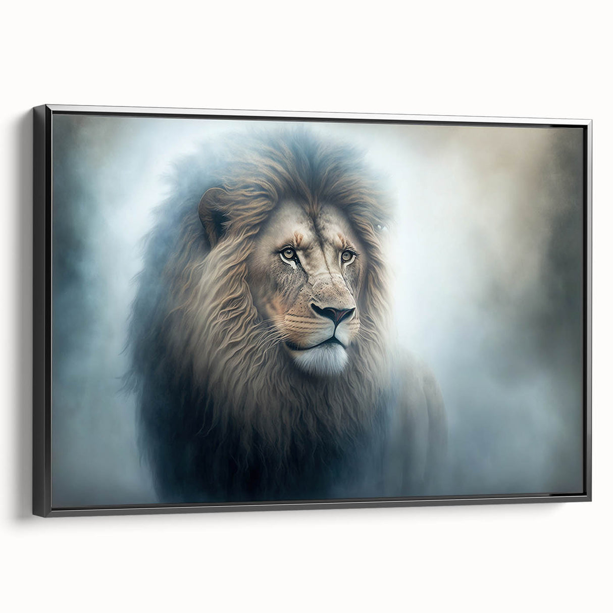 Framed canvas wall art featuring a majestic lion design in a striking black and gold color scheme, ideal for wildlife enthusiasts and modern decor. Perfect for adding a touch of elegance to living spaces.