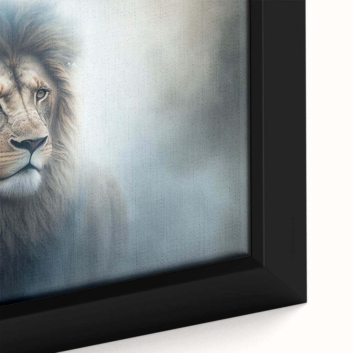 Close-up of a framed canvas wall art featuring a majestic lion in a vibrant jungle setting, showcasing rich colors and intricate details ideal for wildlife decor.