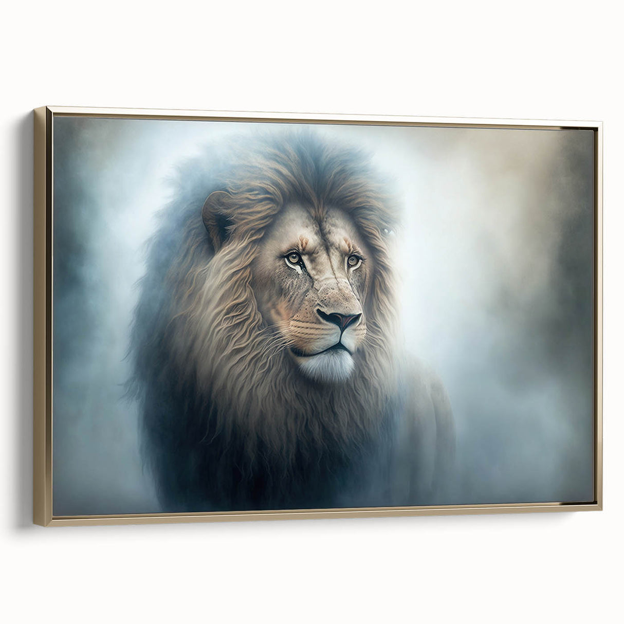 Framed canvas wall art featuring a majestic lion design in gold tones, showcasing intricate details and textures, perfect for wildlife enthusiasts and home decor.