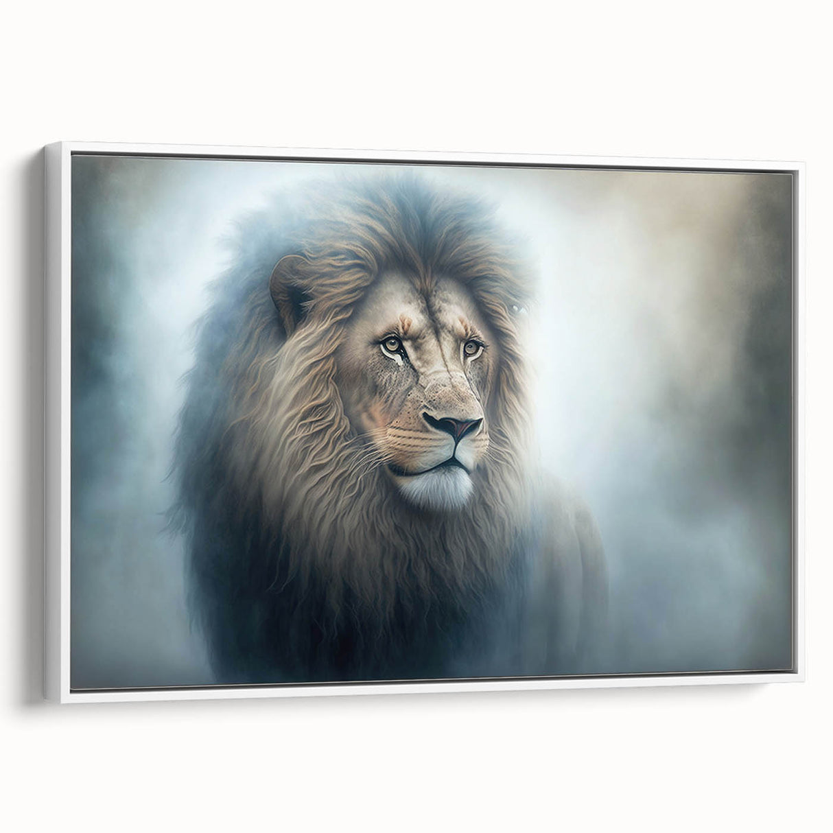 Framed canvas wall art showcasing a majestic lion design in a white frame, highlighting intricate details and vibrant colors, perfect for wildlife enthusiasts' decor.