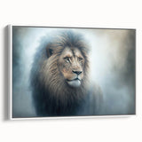 Framed canvas wall art showcasing a majestic lion design in a white frame, highlighting intricate details and vibrant colors, perfect for wildlife enthusiasts' decor.
