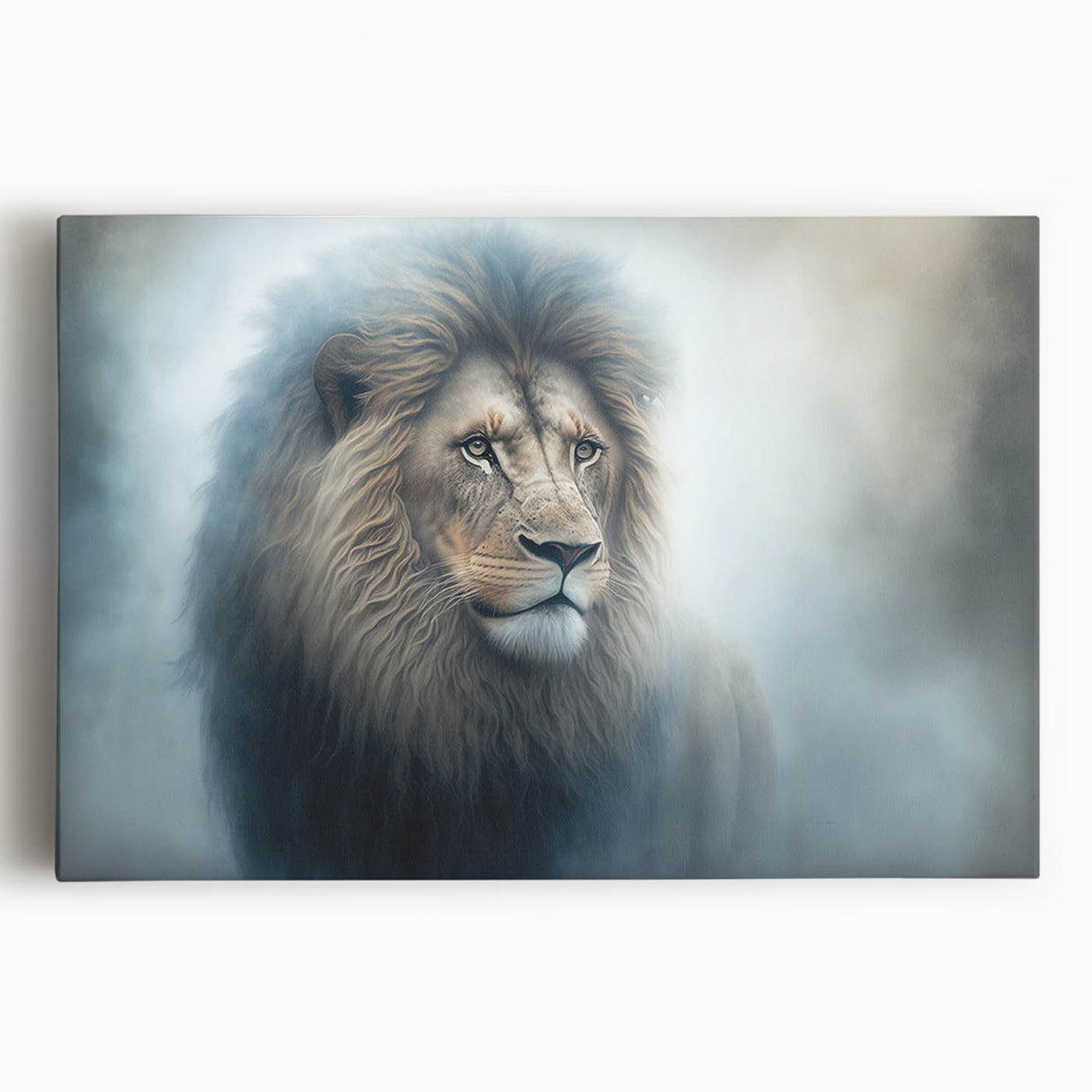 Stretched canvas wall art featuring a majestic lion in a vibrant, colorful design, ideal for wildlife enthusiasts and home decor, showcasing intricate details and textures.