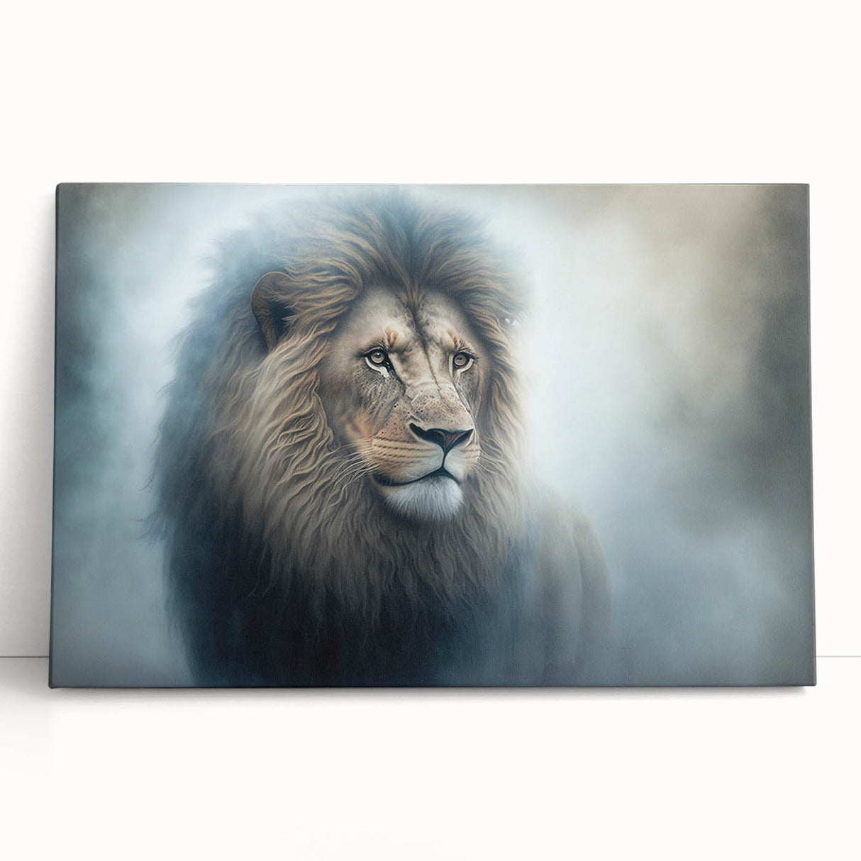 Majestic lion wall art design on stretched canvas, featuring vibrant colors and intricate details, perfect for enhancing home décor or art collections.
