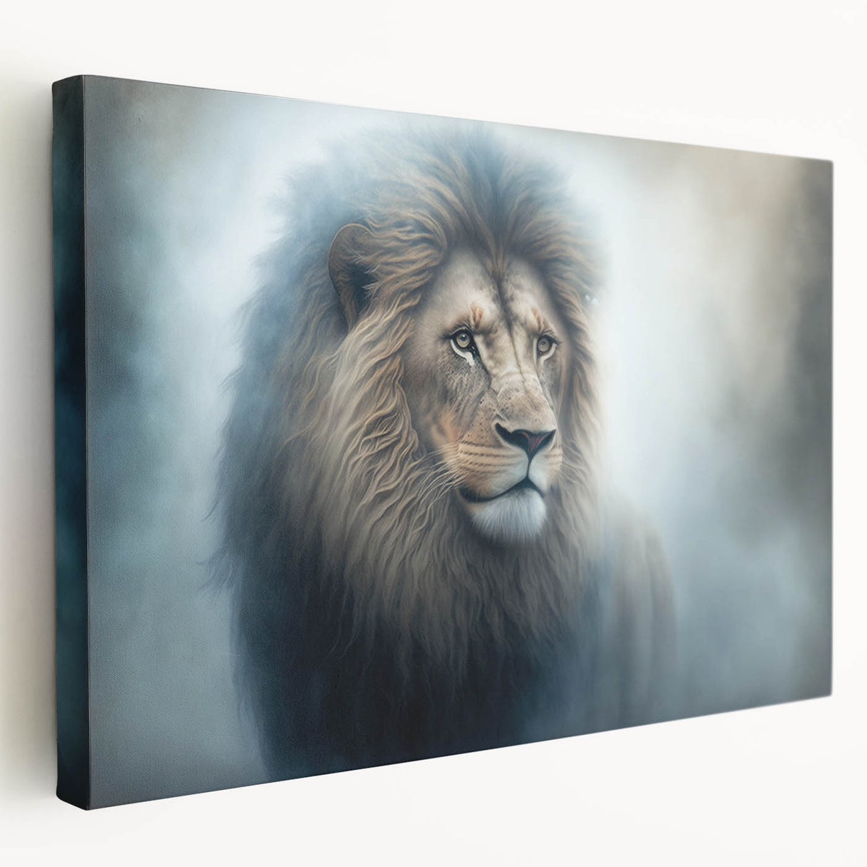 Side view of a vibrant stretched canvas wall art featuring a majestic lion design, showcasing detailed textures and rich colors, ideal for wildlife enthusiasts and home decor.