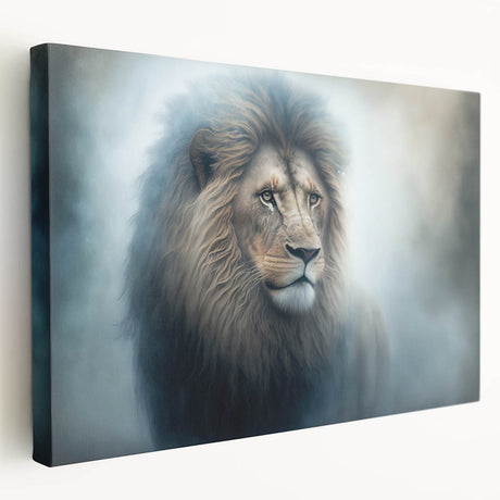 Side view of a vibrant stretched canvas wall art featuring a majestic lion design, showcasing detailed textures and rich colors, ideal for wildlife enthusiasts and home decor.