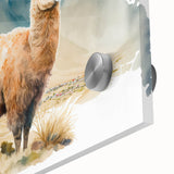 Close-up view of a colorful acrylic glass wall art piece featuring a llama and alpaca design, showcasing intricate details and vibrant hues, perfect for animal lovers.