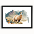 Llama and alpaca wall art design framed in black, showcasing a whimsical wildlife theme with vibrant colors and intricate details, perfect for animal lovers.