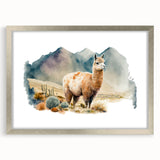 Framed wall art featuring a sleek silver mat showcasing a llama and alpaca design, perfect for animal lovers and home decor enthusiasts.